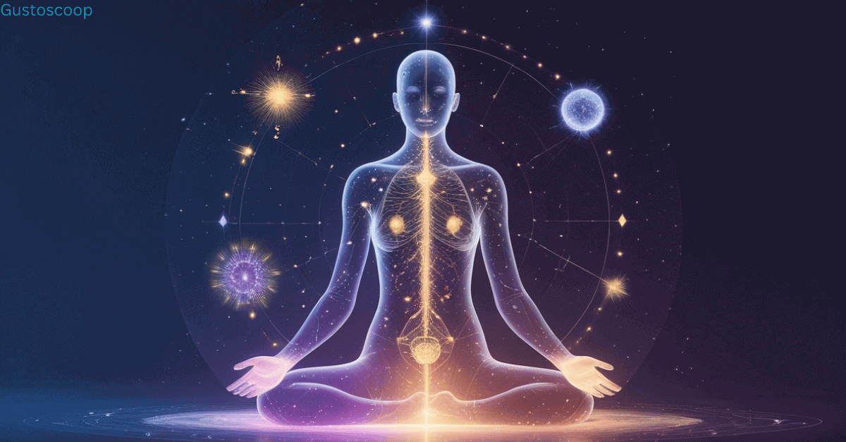 A digital illustration of a semi-transparent human silhouette surrounded by constellations, glowing lights, and organic patterns, symbolizing the mysteries of human existence.
