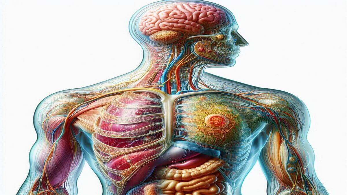 "Illustration détaillée du corps humain montrant une figure transparente avec des organes internes, muscles, système squelettique, focus sur le cerveau avec neurones et synapses, et système circulatoire en rouge et bleu, sur fond blanc."