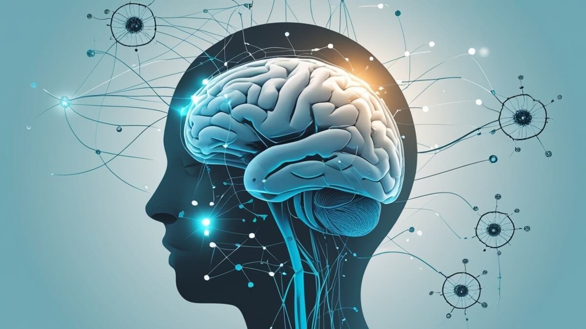 "Illustration numérique moderne montrant des réseaux neuronaux et des formes abstraites en nuances de bleu et turquoise, symbolisant la complexité et la profondeur de l'esprit humain."