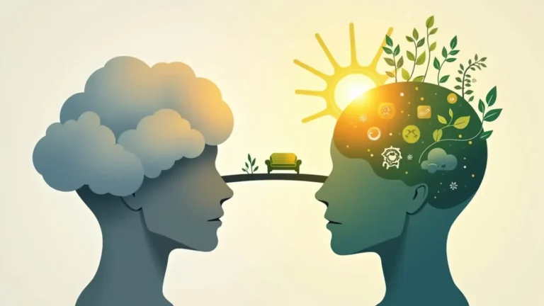 Split illustration of a brain in gray gloom vs. vibrant sunrise brain with vines, therapy and science icons