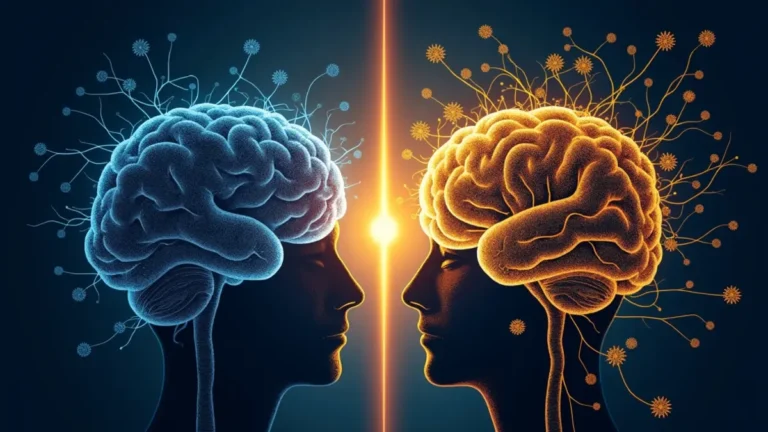 “Split illustration of dopamine chemistry: tangled neurons in blue-gray versus vibrant golden synapses with healthy food and biohacking icons”