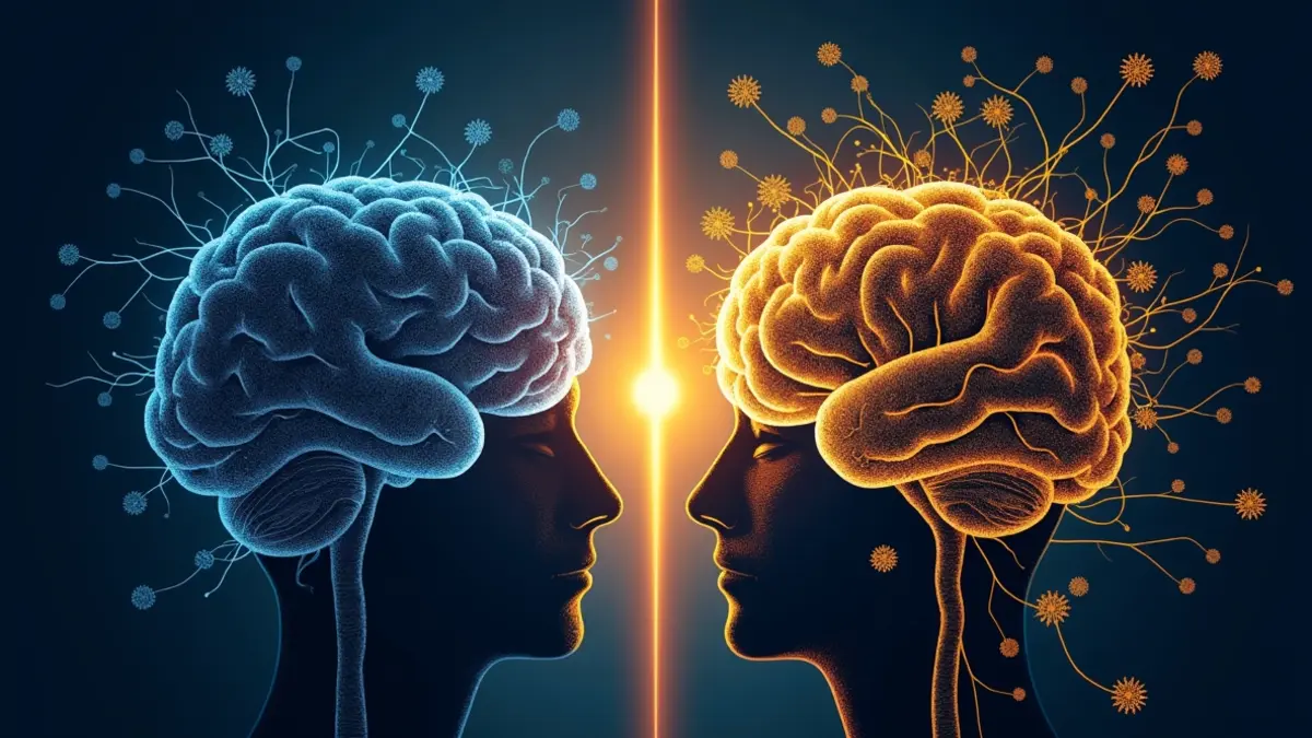 “Split illustration of dopamine chemistry: tangled neurons in blue-gray versus vibrant golden synapses with healthy food and biohacking icons”