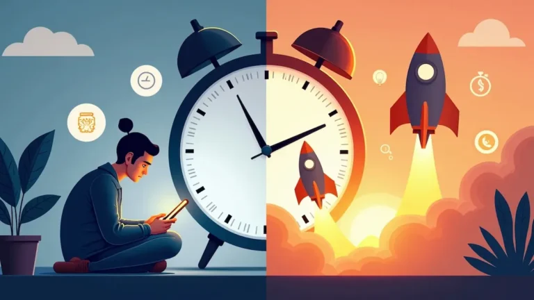 Split scene of procrastination vs productivity: distracted figure under clock and rocket-boosted figure ascending