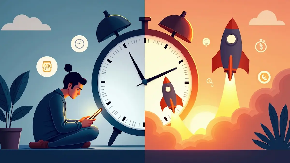 Split scene of procrastination vs productivity: distracted figure under clock and rocket-boosted figure ascending