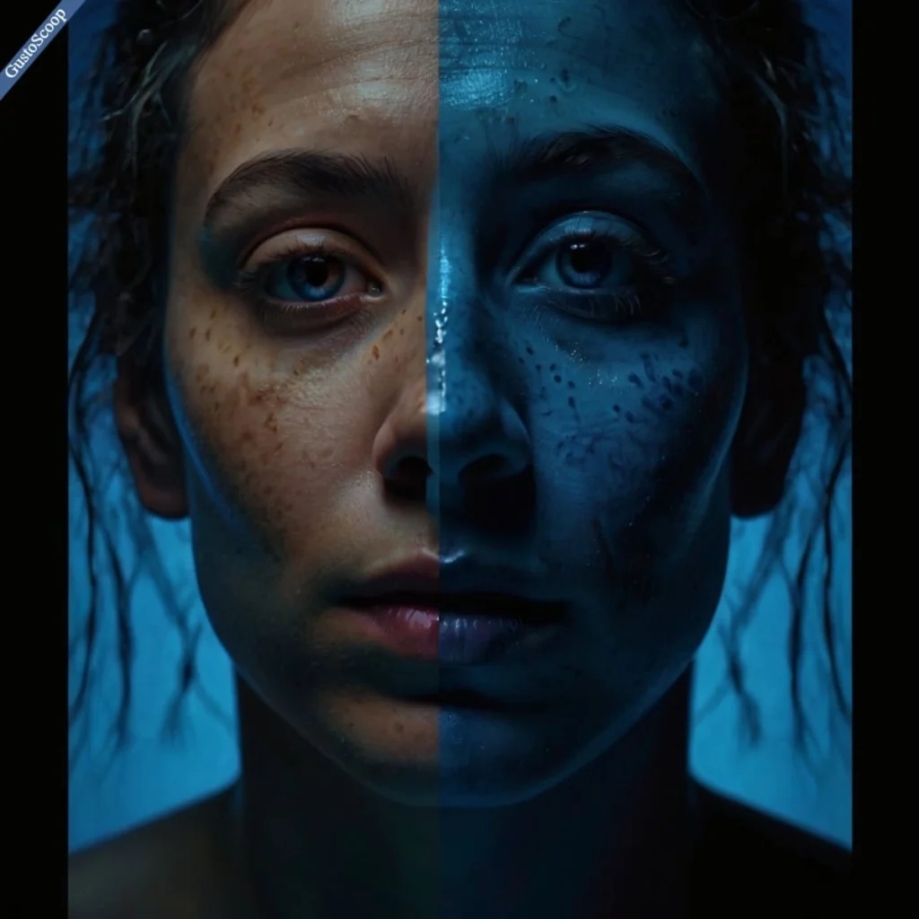 Split face depicting mania and depression in bipolar disorder.