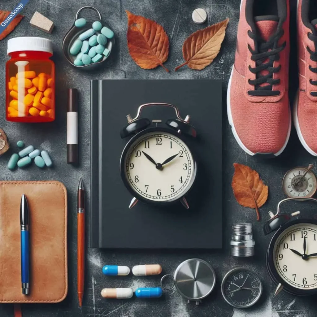 Medication, journal, and clock for managing bipolar disorder.