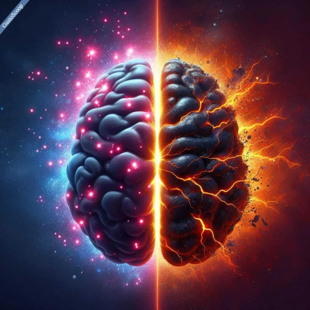 Split brain illustration showing dopamine’s impact on motivation and decision-making.