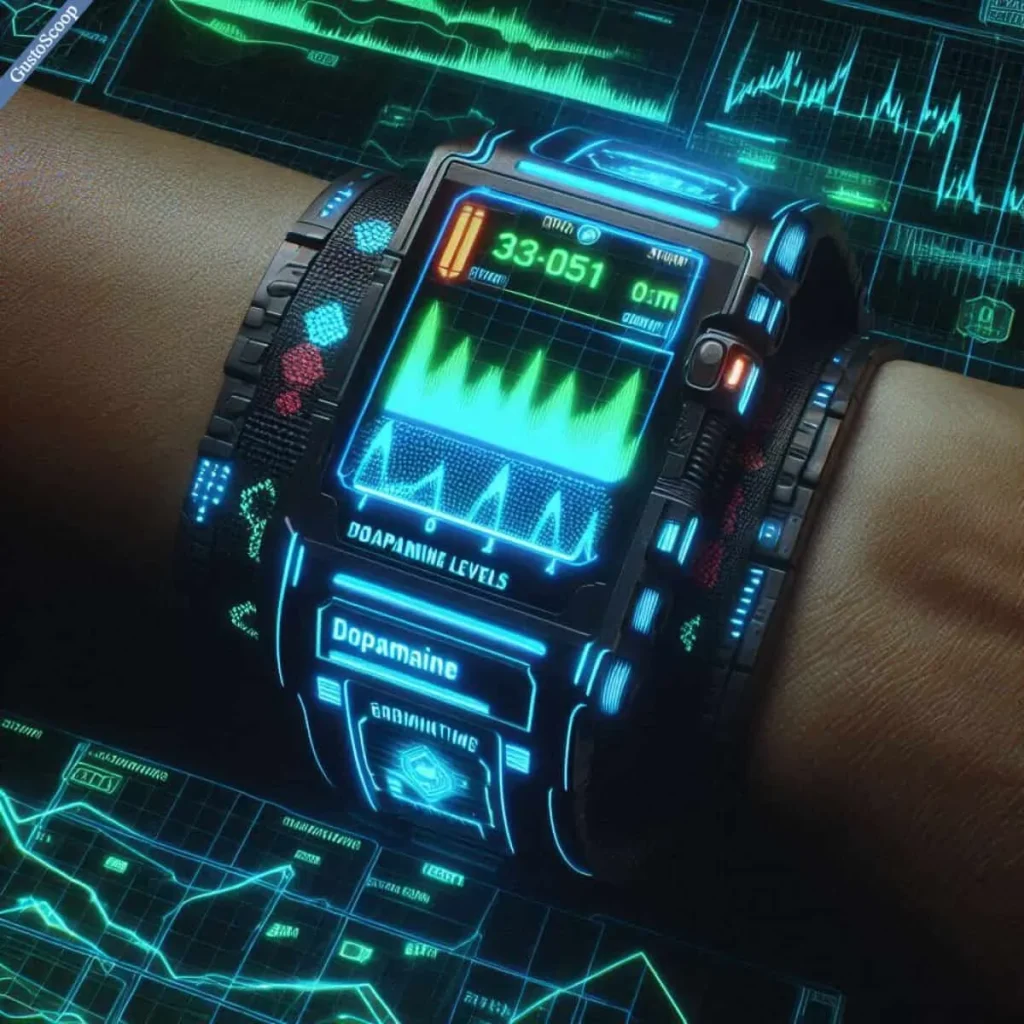 Futuristic wearable device monitoring real-time dopamine levels.