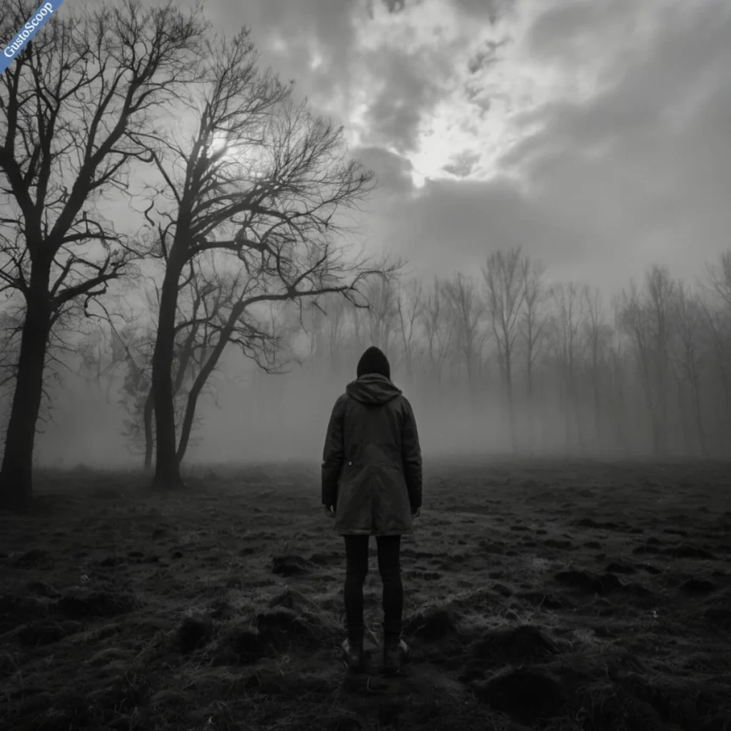 "Person escaping dysthymia’s fog through sunlight and hope."