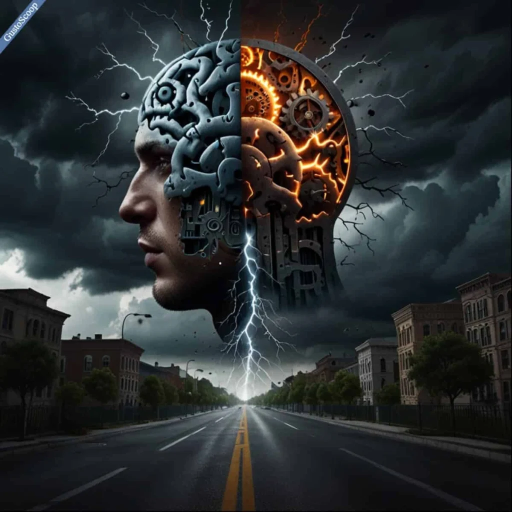 Brain illustration: emotional storm vs. logical city causing procrastination.