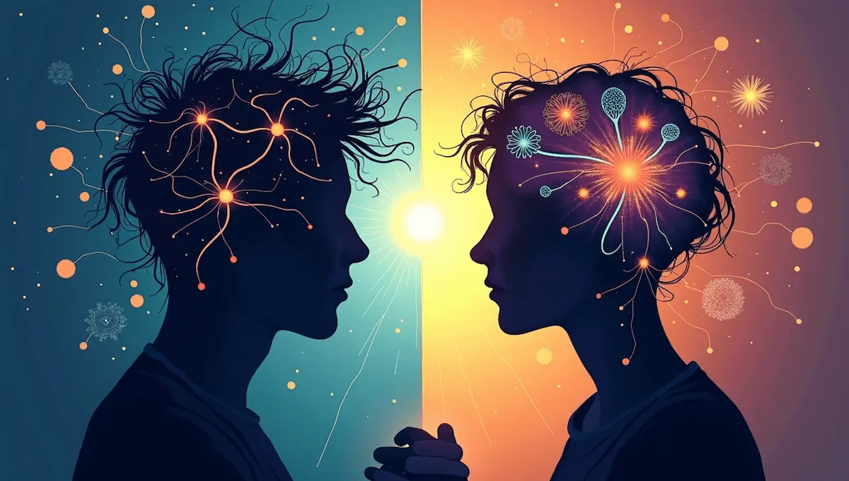 “Split illustration symbolizing bipolar disorder: neuronal dark side in indigo and teal, light side in gold and purple with icons of therapy, support, and resilience”