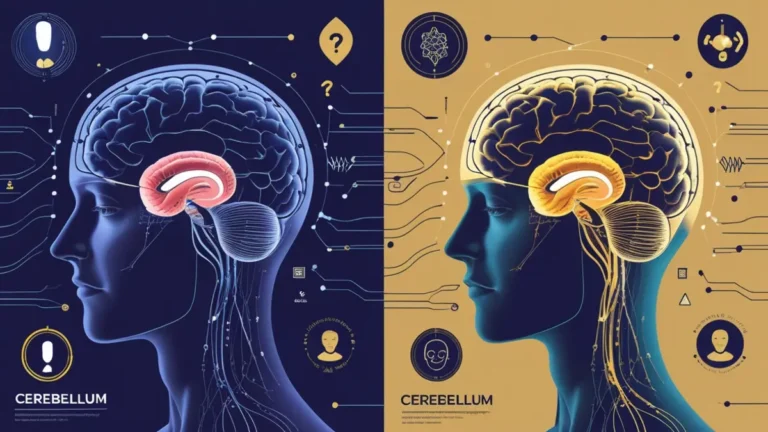 Split illustration of a cerebellum in dark neural chaos vs. glowing cerebellum with movement and serenity symbols