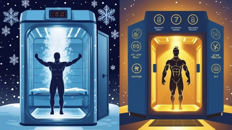 “Split image of a person in a blue cryo chamber shivering and then emerging in warm light highlighting recovery benefits”