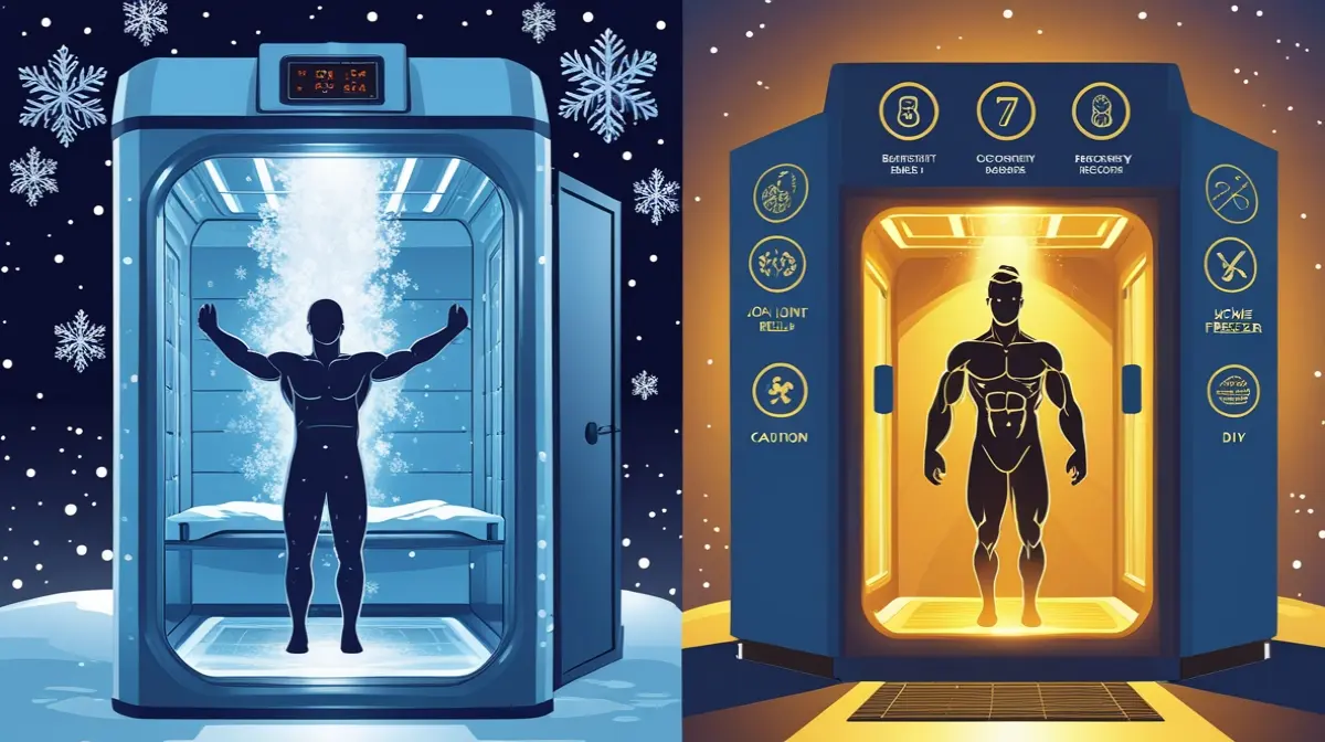 “Split image of a person in a blue cryo chamber shivering and then emerging in warm light highlighting recovery benefits”