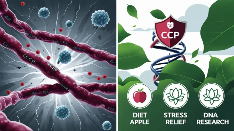 “Split illustration of CCP peptide attack on blood cells versus shielded healthy cell with diet and stress-relief icons”