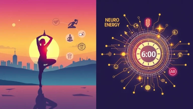 “Person at sunrise following a neuroscience-backed morning routine with icons for exercise, meditation, AI and biohacking”