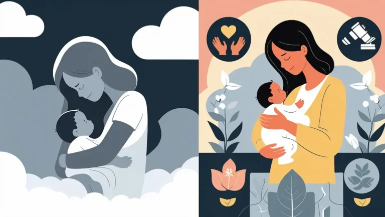 “New mother moving from gray cloud into sunrise light holding her baby with icons for therapy, support, research, and self-care”