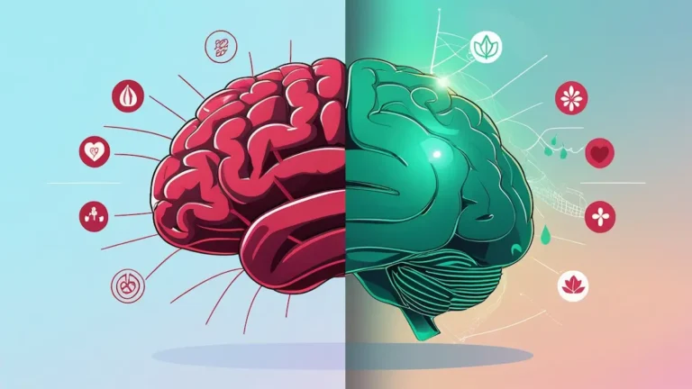 “Split brain illustration showing stressed limbic system in crimson versus healed limbic system in emerald with emotion icons”