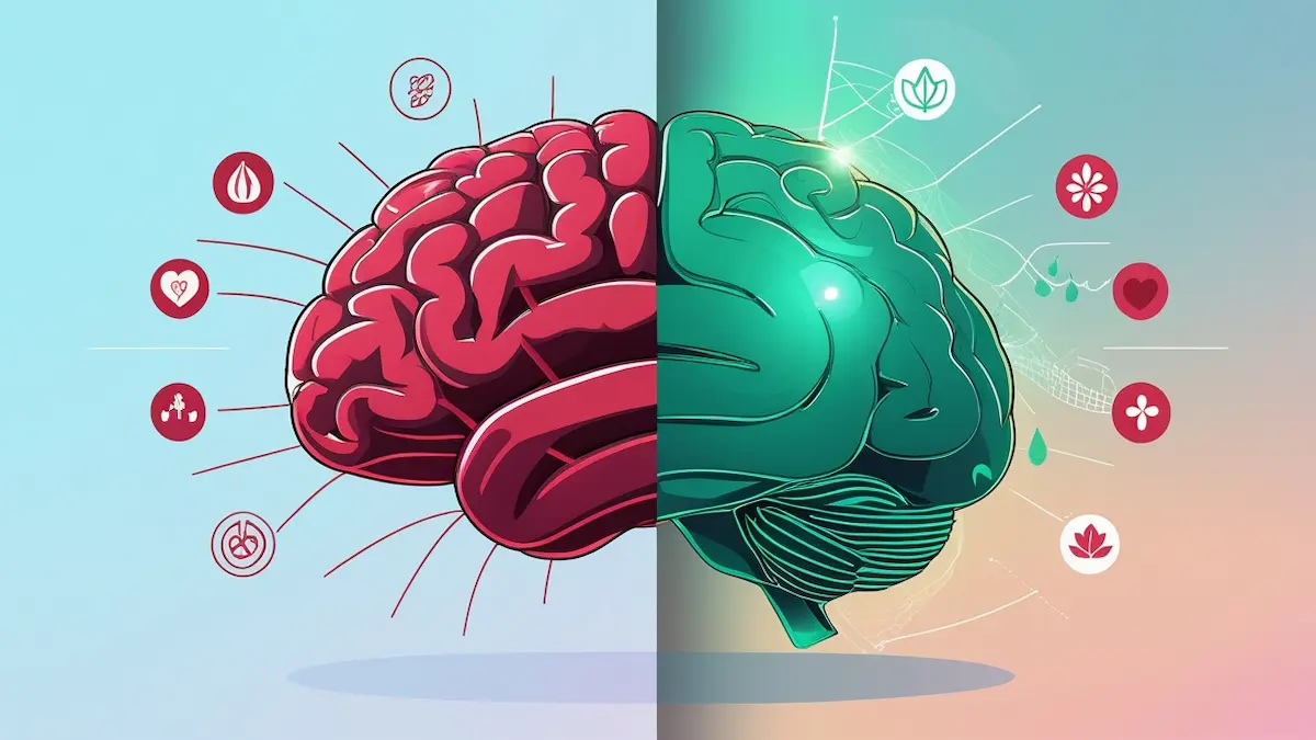 “Split brain illustration showing stressed limbic system in crimson versus healed limbic system in emerald with emotion icons”