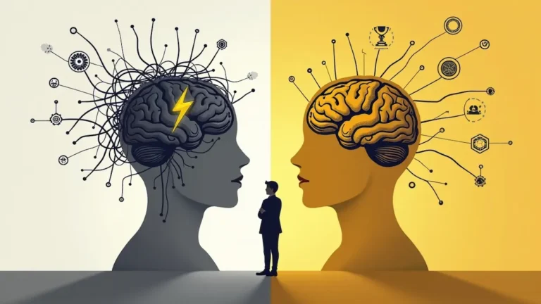“Split image of a brain shifting from tangled gray circuits to glowing gold with a confident silhouette and confidence icons”