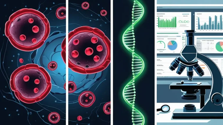 “Split illustration of leukemia blood cells with malignant lymphocytes and a bright lab scene with microscope and data charts”