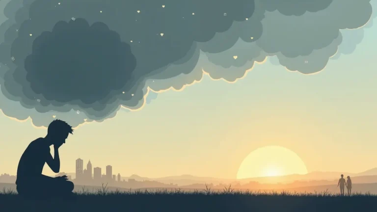 “Three-part illustration of depression: physical pain cloud, behavioral isolation, and light-filled therapy hope”