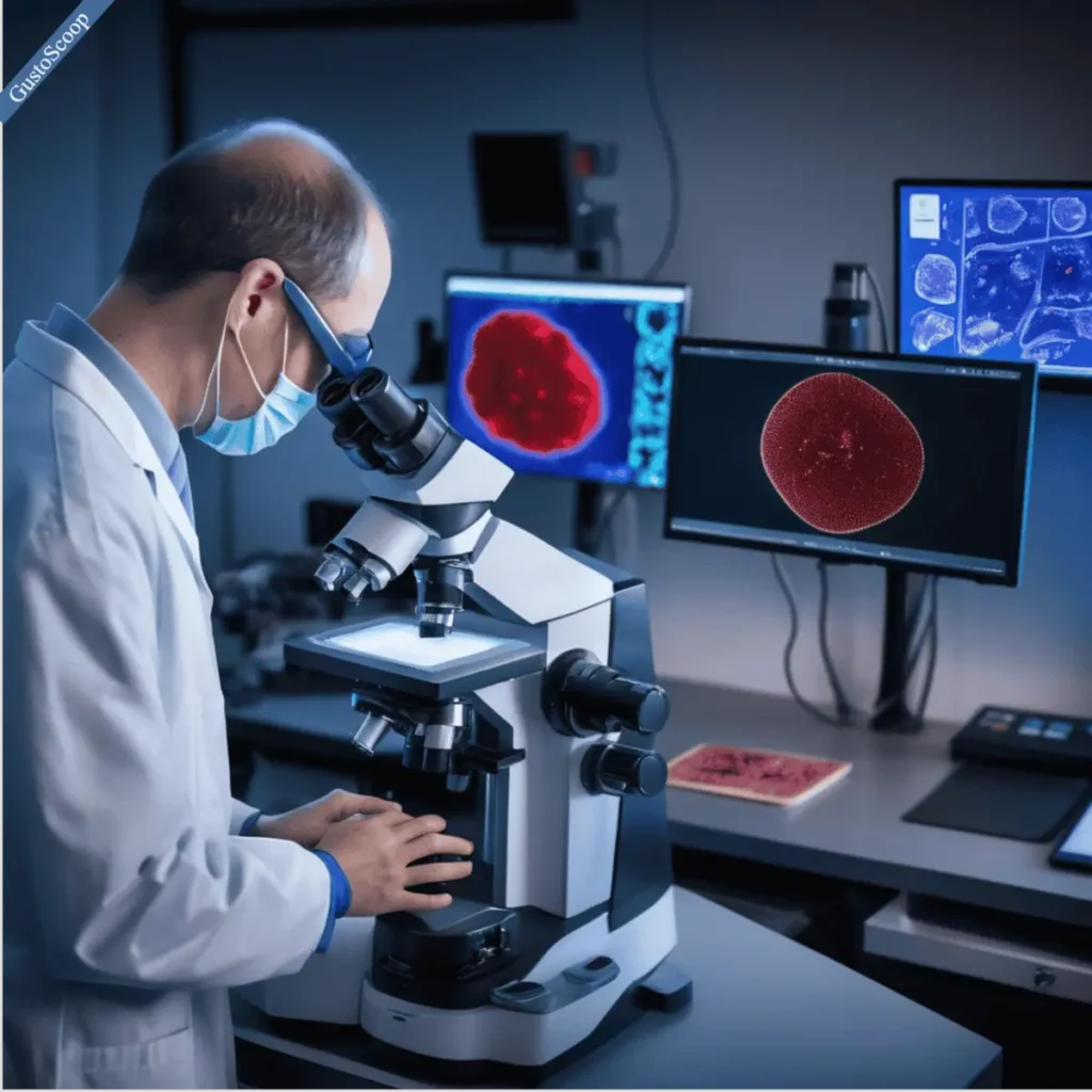 Scientifique dans un laboratoire moderne, observant des cellules de LLC au microscope, avec des écrans affichant des images agrandies de cellules leucémiques et des données de séquençage génétique