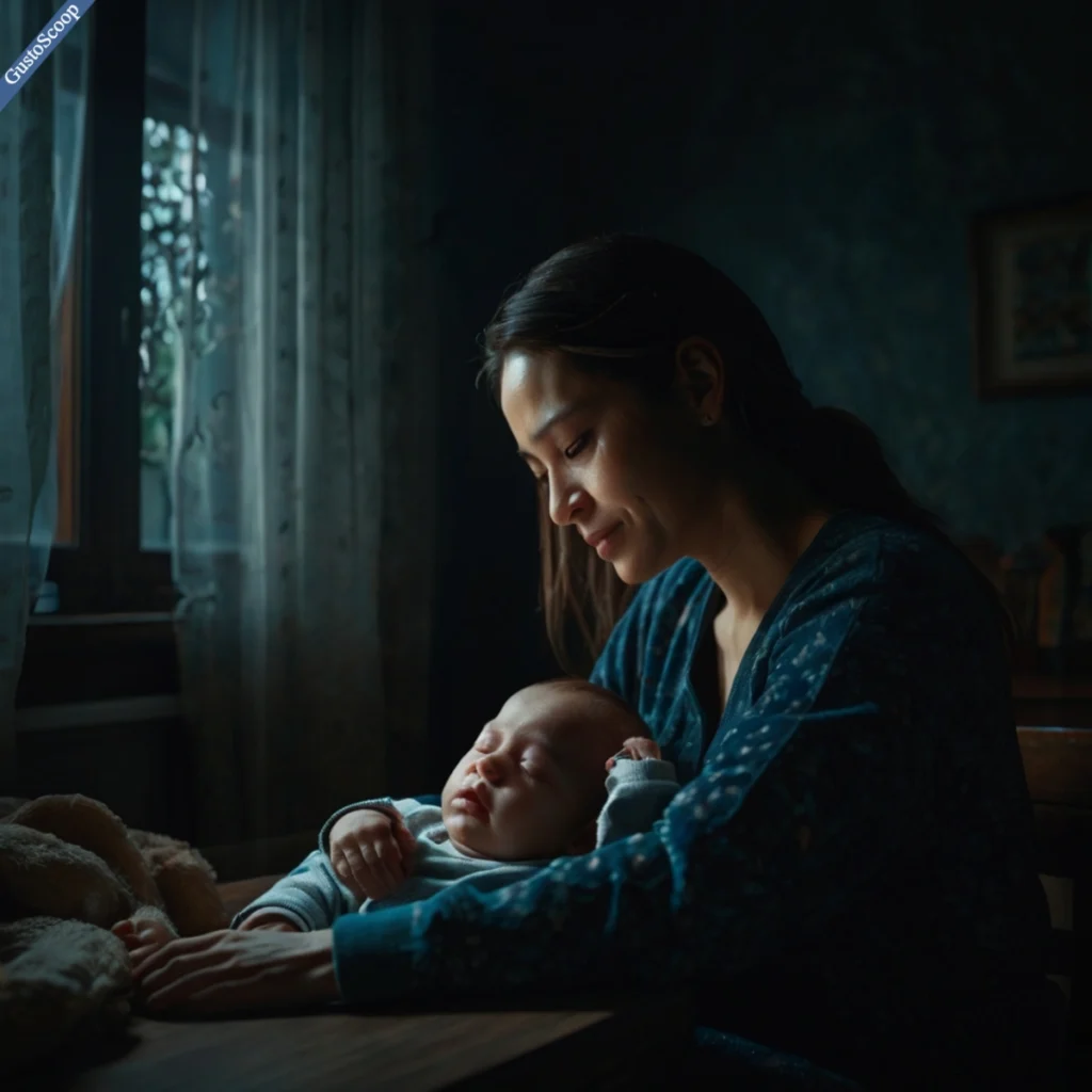 "Split-screen digital art: Left side shows a smiling mother holding her baby; right side depicts the same mother alone in a dark room, head in hands. Represents postpartum depression’s hidden struggle."
