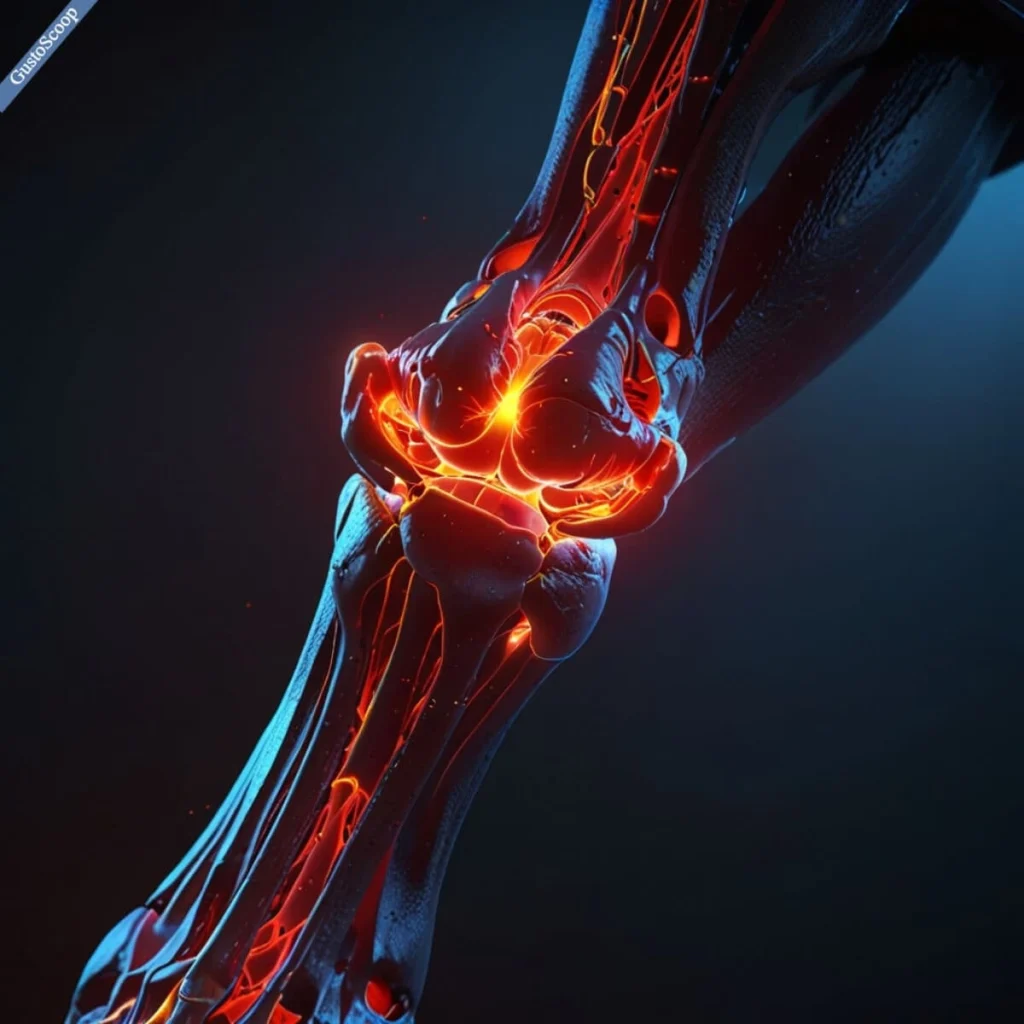 Cyclic citrullinated peptide antibodies destroying a knee joint – autoimmune disease progression.