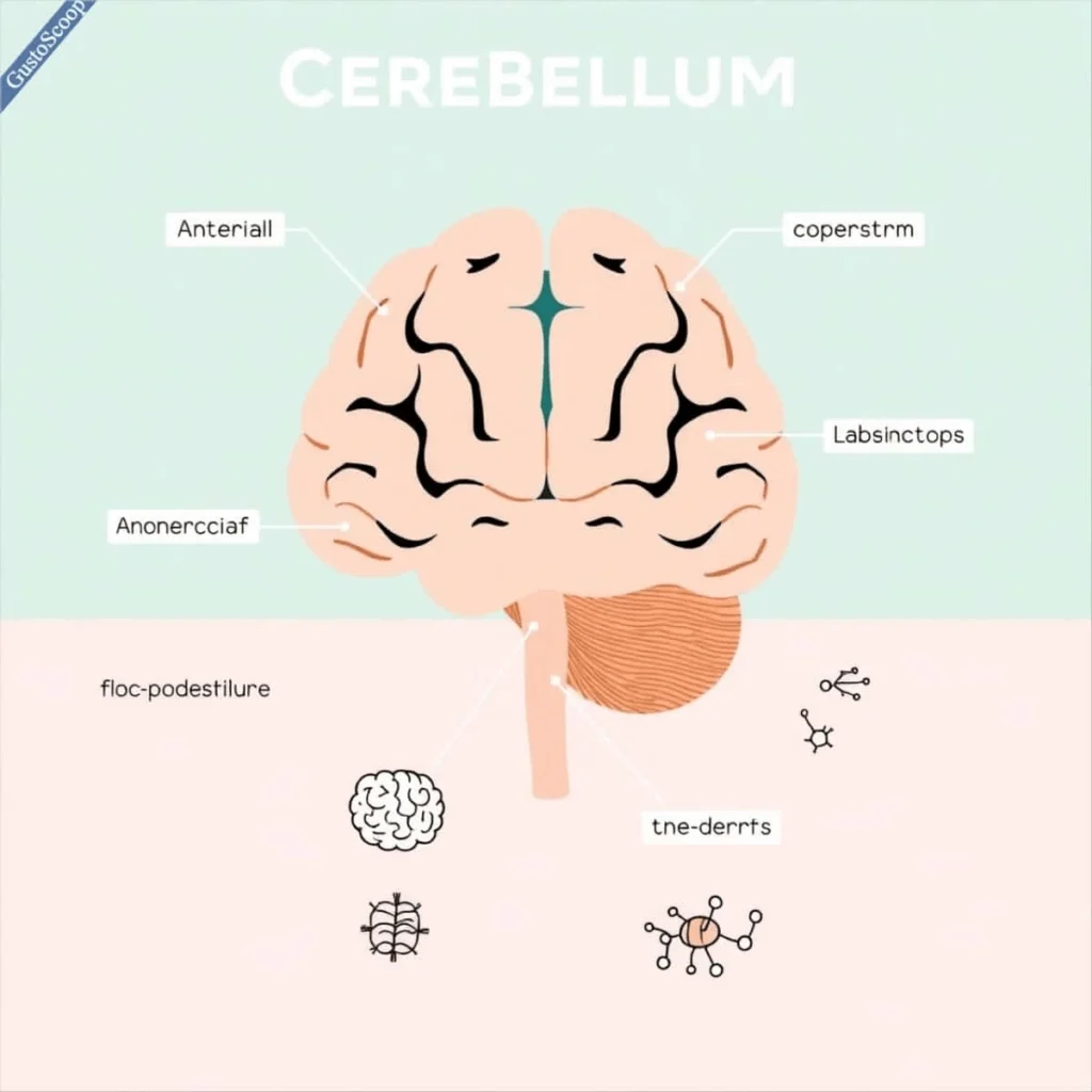Infographic of cerebellum anatomy showing anterior, posterior, and flocculonodular lobes.