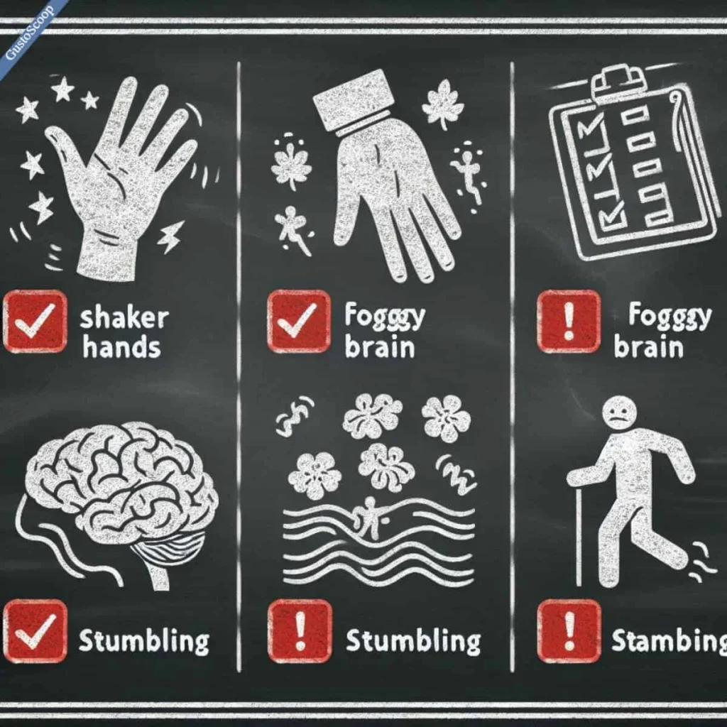 Checklist of cerebellar dysfunction symptoms: tremors, imbalance, and brain fog.