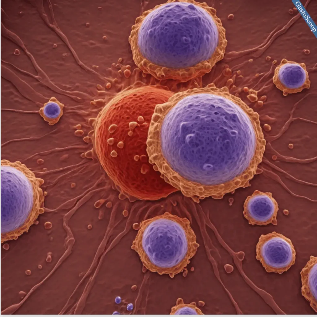 Schéma détaillé montrant des cellules de CLL interagissant avec des cellules stromales et immunitaires dans leur microenvironnement, avec des superpositions semi-transparentes et des textures fines illustrant la communication cellulaire
