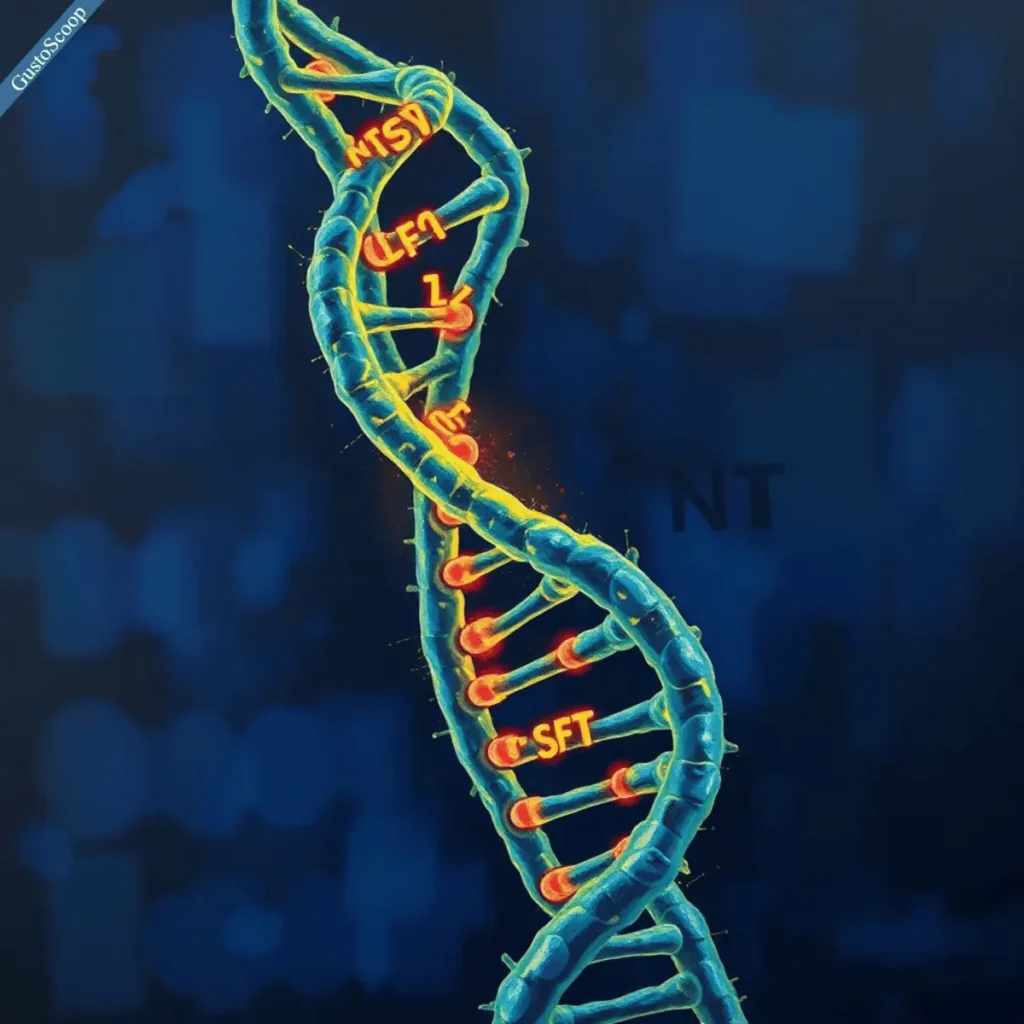 Illustration 3D d’un brin d’ADN avec effets lumineux sur les mutations des gènes NOTCH1 et SF3B1 liées à la progression de la leucémie lymphoïde chronique (LLC), sur fond futuriste symbolisant la recherche génétique avancée