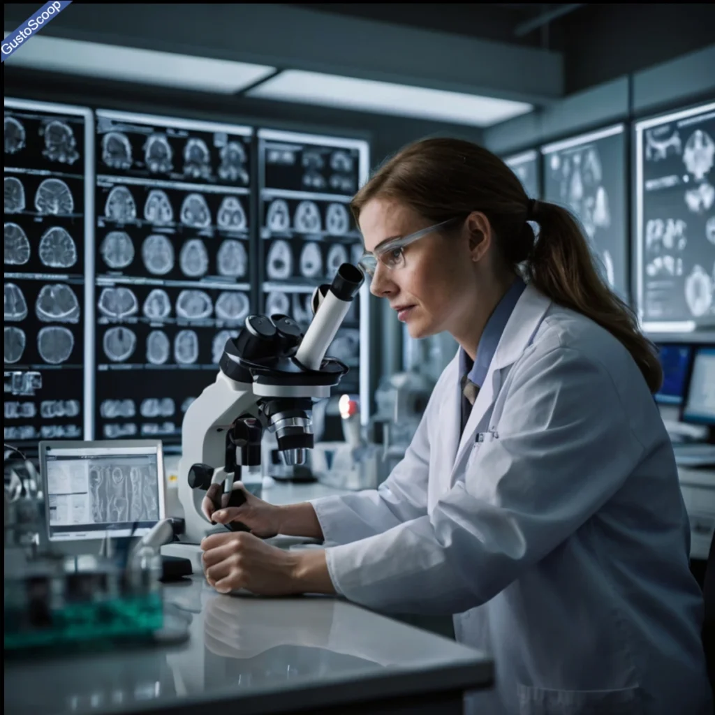 Expert médical concentré examinant des résultats de tests de LLC via une tablette numérique ou un microscope, dans un laboratoire moderne équipé de graphiques diagnostiques et d’images cellulaires