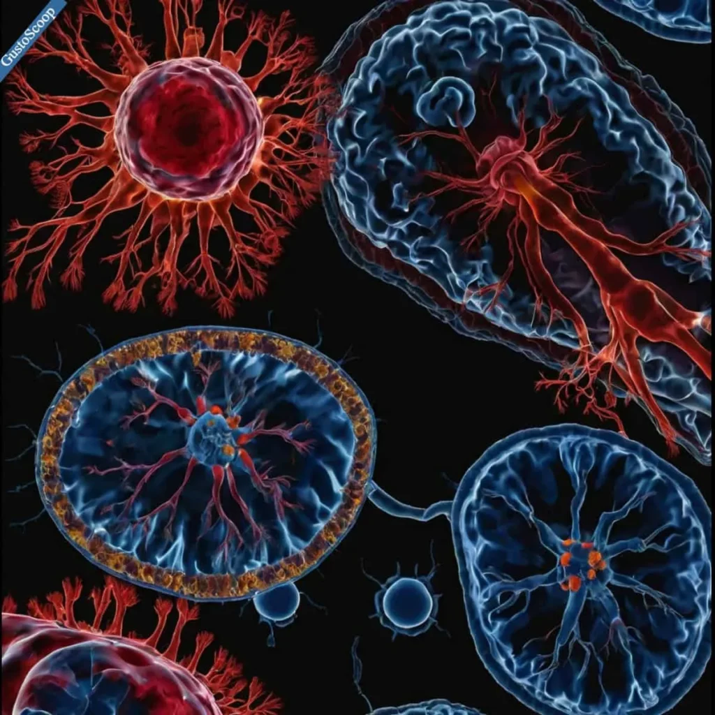 Visualisation scientifique haute résolution montrant les interactions complexes entre cellules de leucémie lymphoïde chronique (CLL) et leur microenvironnement