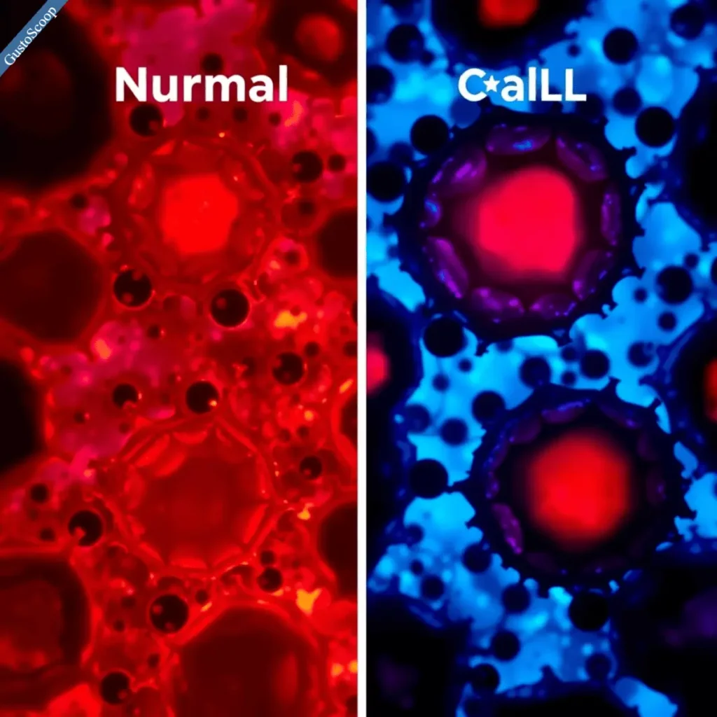Image microscopique comparant des lymphocytes B sains, ronds et de couleurs vives (à gauche), à des cellules de LLC malignes, de forme irrégulière et aux structures sombres (à droite)