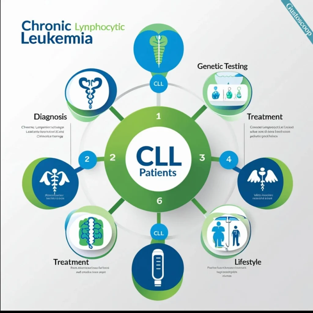 Infographie illustrant les étapes clés à suivre après un diagnostic de leucémie lymphoïde chronique (LLC), avec des icônes médicales claires et un design moderne pour guider les patients dans leur parcours de soins