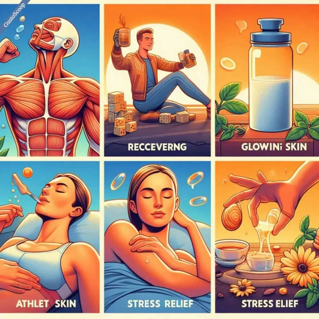 Collage of cryotherapy benefits: muscle recovery, anti-aging, stress relief, and more.
