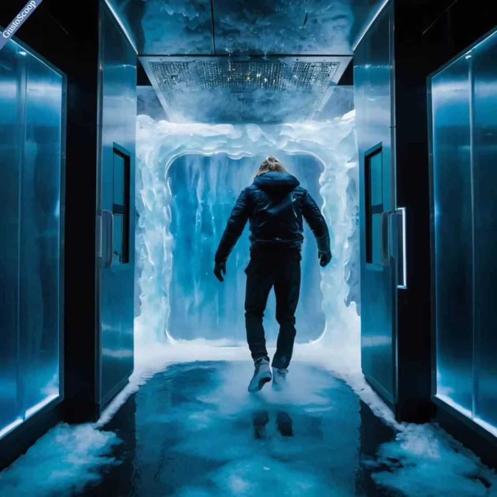 A person smiling inside a cryotherapy chamber, icy vapor swirling around them under blue light.