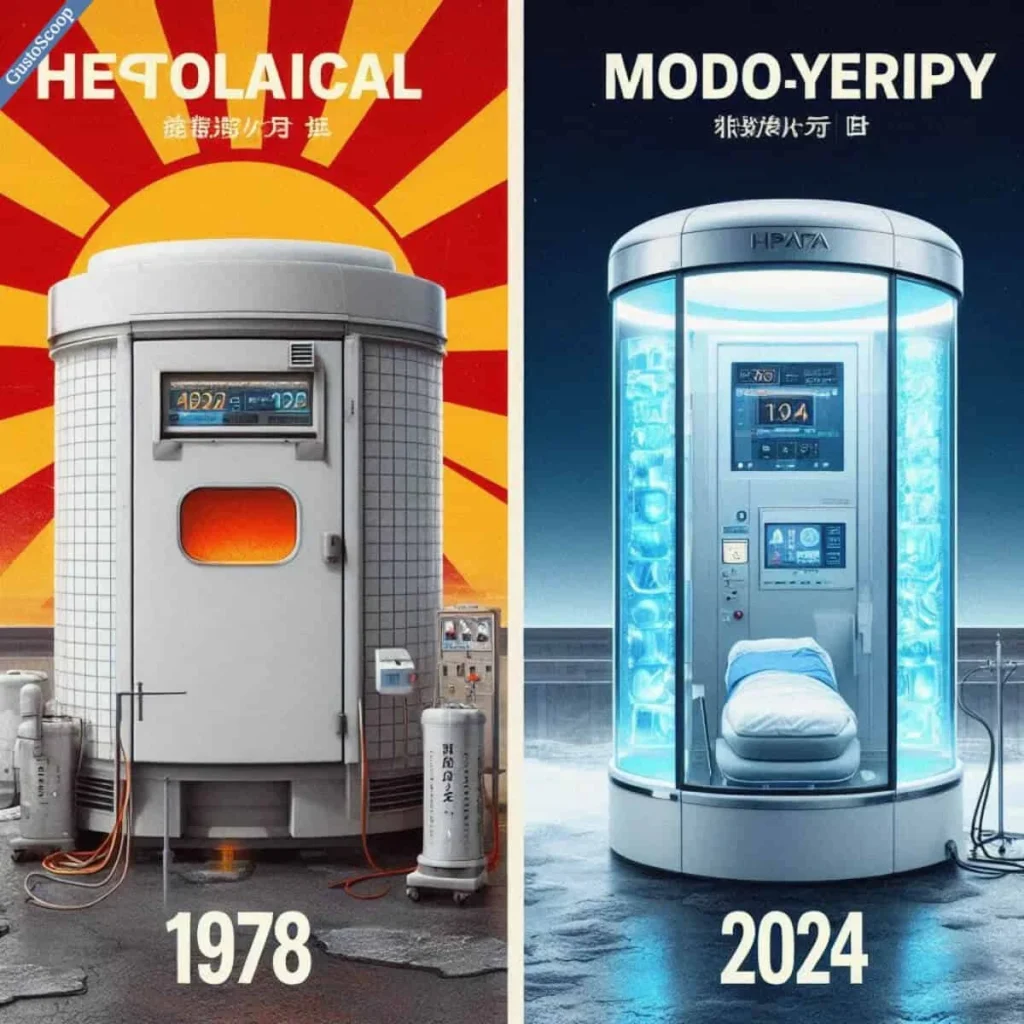 Comparison of cryotherapy’s origins in 1978 Japan vs. modern high-tech chambers.