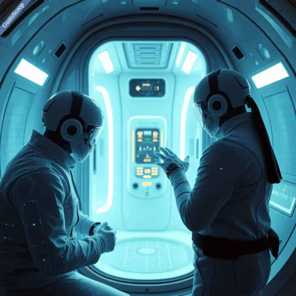 Futuristic AI-controlled cryotherapy pod with holographic interface.