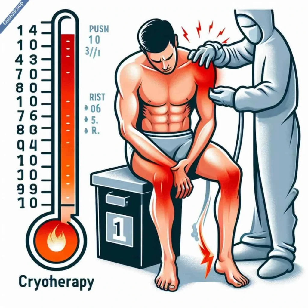 Warning sign near a cryotherapy chamber highlighting frostbite dangers.