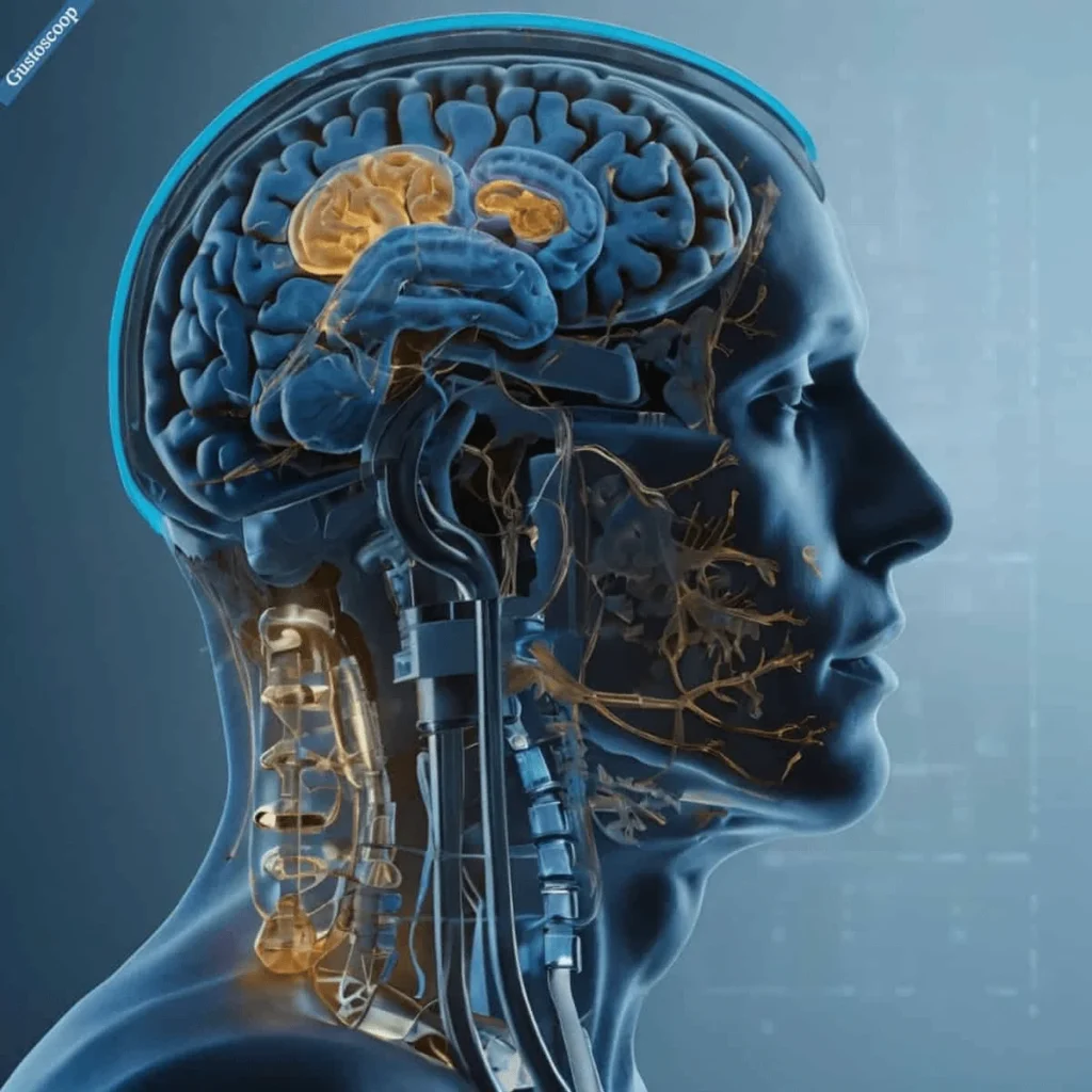 Doctor examining brain scans on a large screen in a dark laboratory.