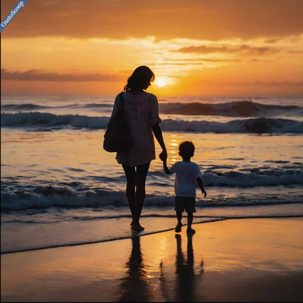 "Silhouette of a mother holding her child’s hand walking toward a vibrant sunrise over ocean waves. Symbolizes hope, recovery, and maternal strength during postpartum depression."