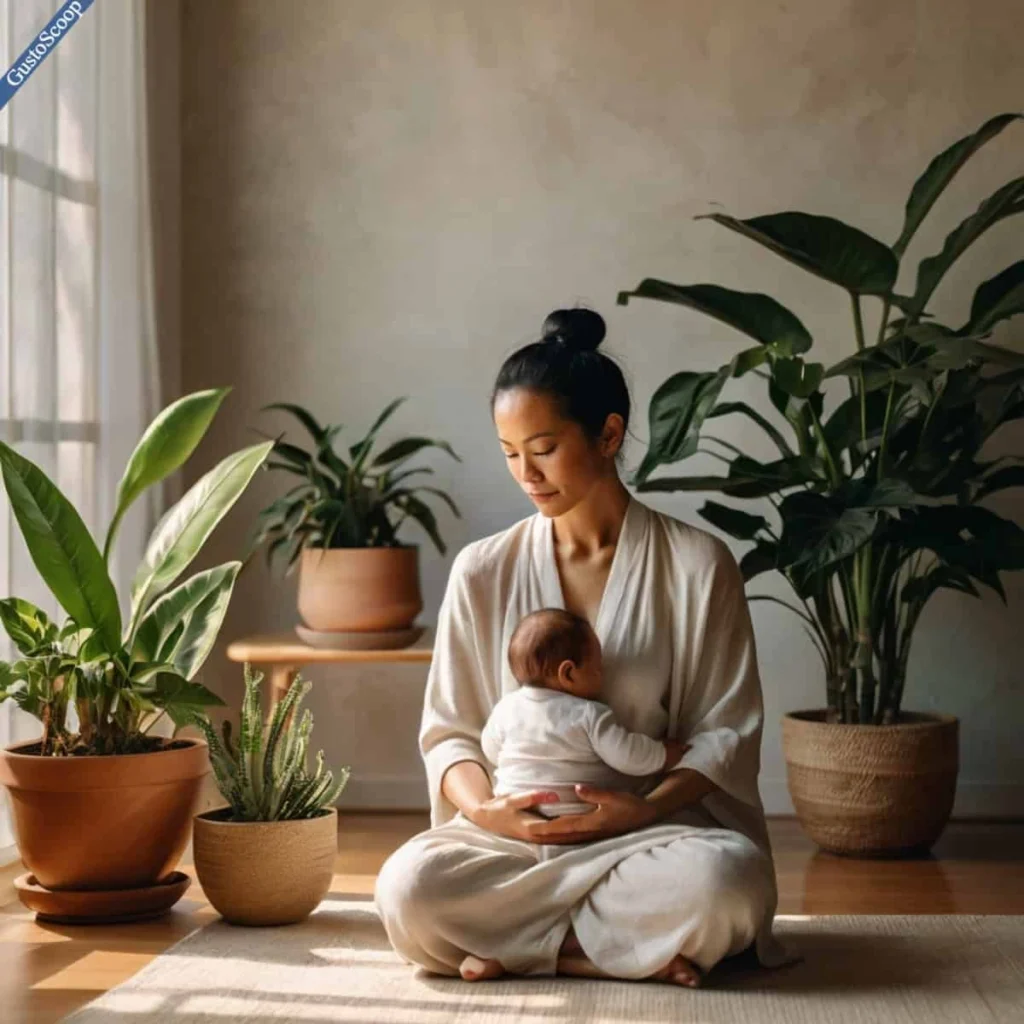 "A serene mother meditating on a floor mat beside her sleeping baby, surrounded by lush green plants in a sunlit minimalist room. Represents mindfulness and peace during postpartum depression recovery."