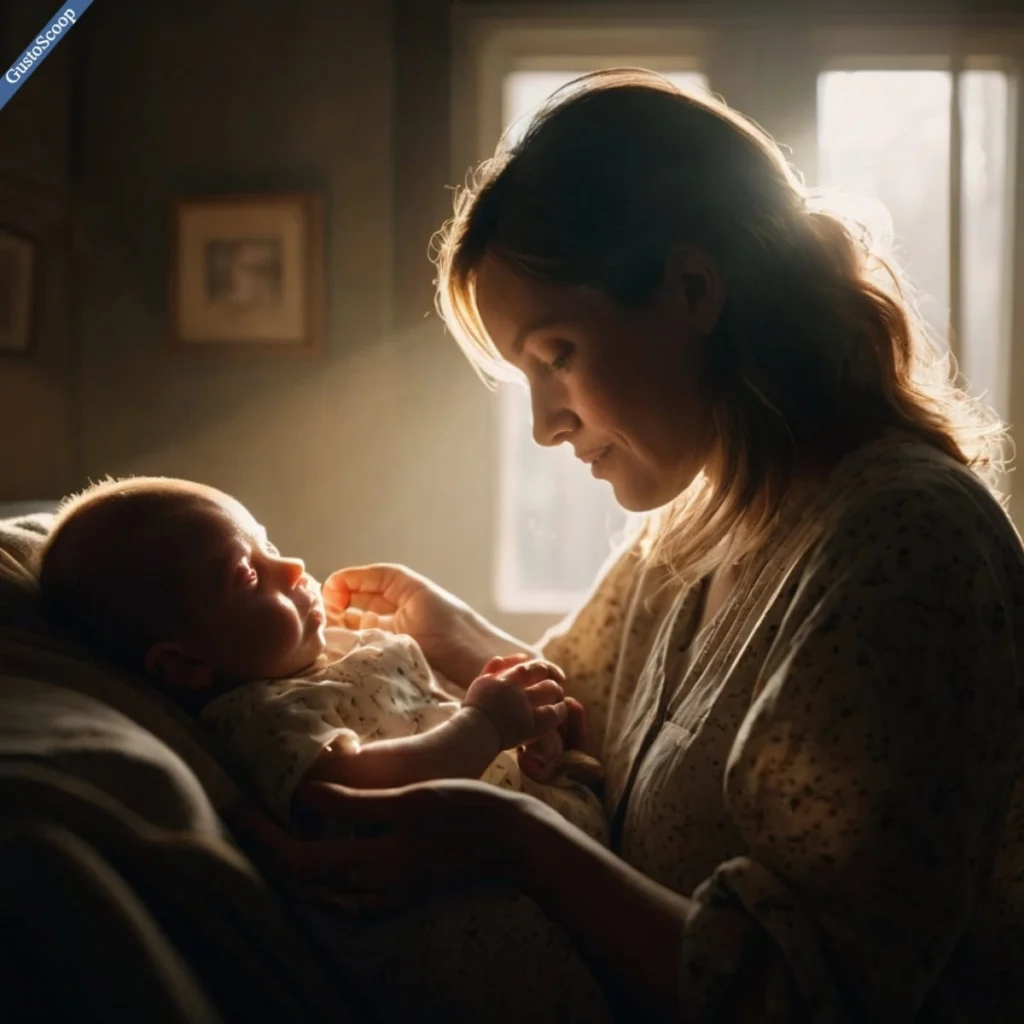 "A mother holding her newborn in a dimly lit room, reaching toward a beam of sunlight. Symbolizes hope and healing during postpartum depression."