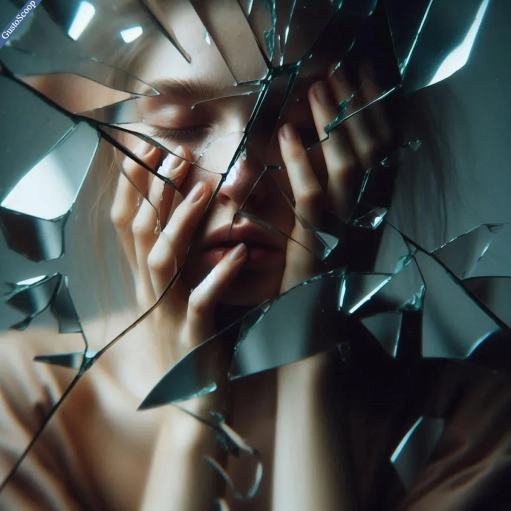 "Surreal artwork of broken mirror shards reflecting a woman’s exhausted face in muted colors, symbolizing the fragmented self-image of postpartum depression. Blurred edges evoke emotional disconnection."