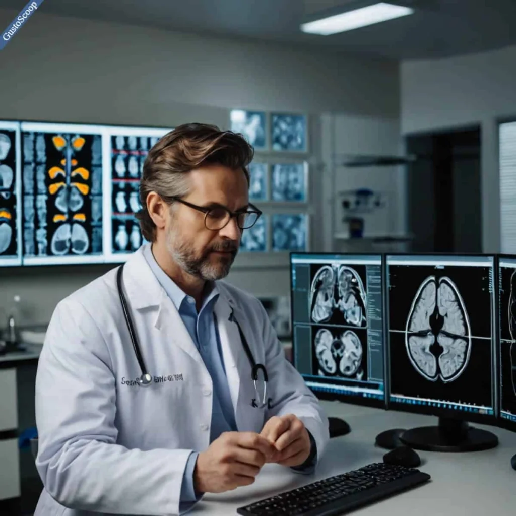 Psychiatrist explaining Seasonal Affective Disorder (SAD) treatment using brain scan imagery.