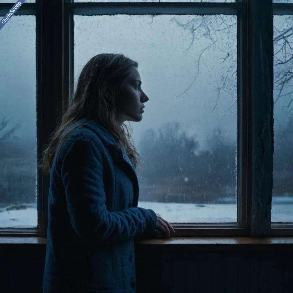 Person experiencing winter depression symptoms from Seasonal Affective Disorder (SAD) looking through a foggy window.