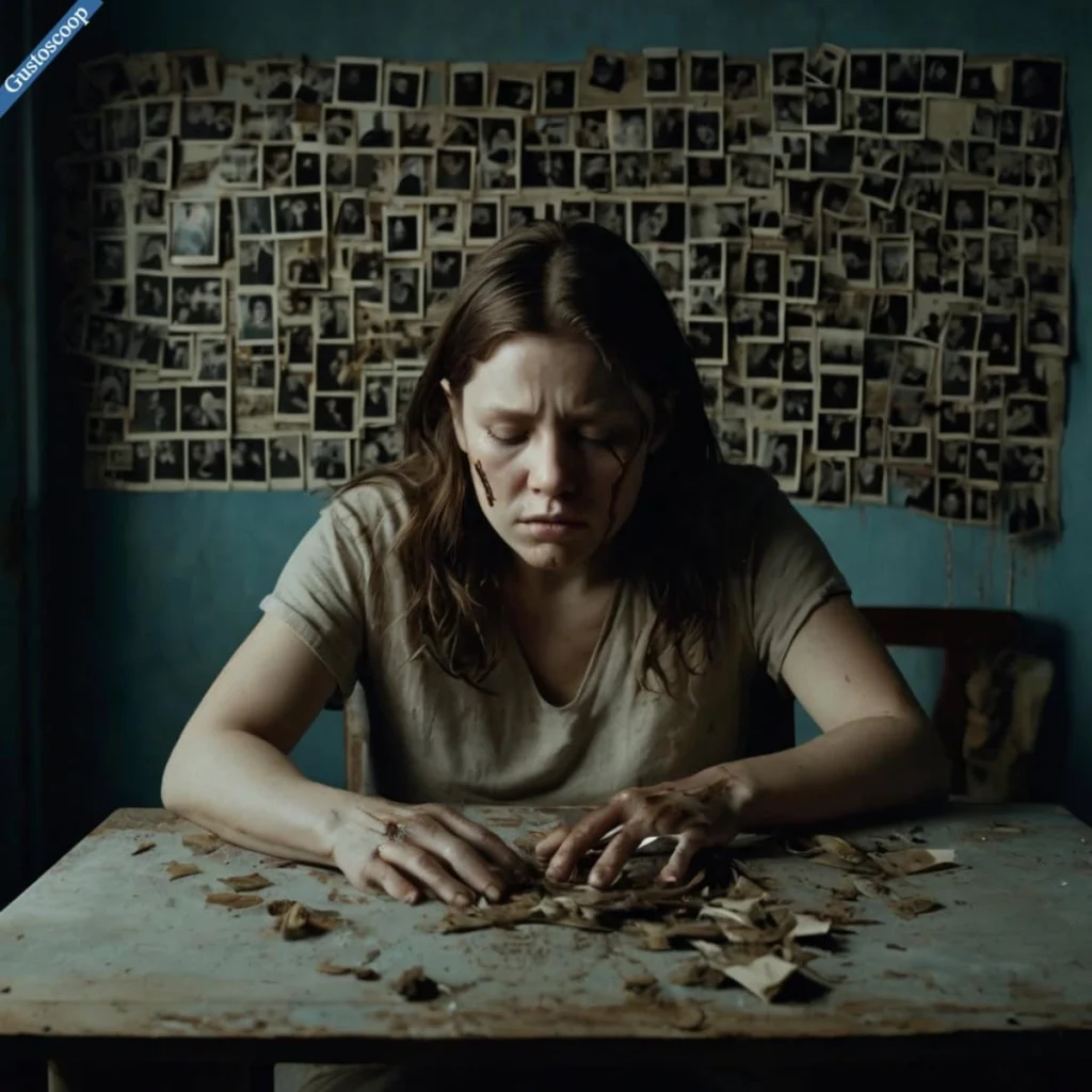 Distressed woman sitting at a table covered with old photographs, appearing emotionally overwhelmed.